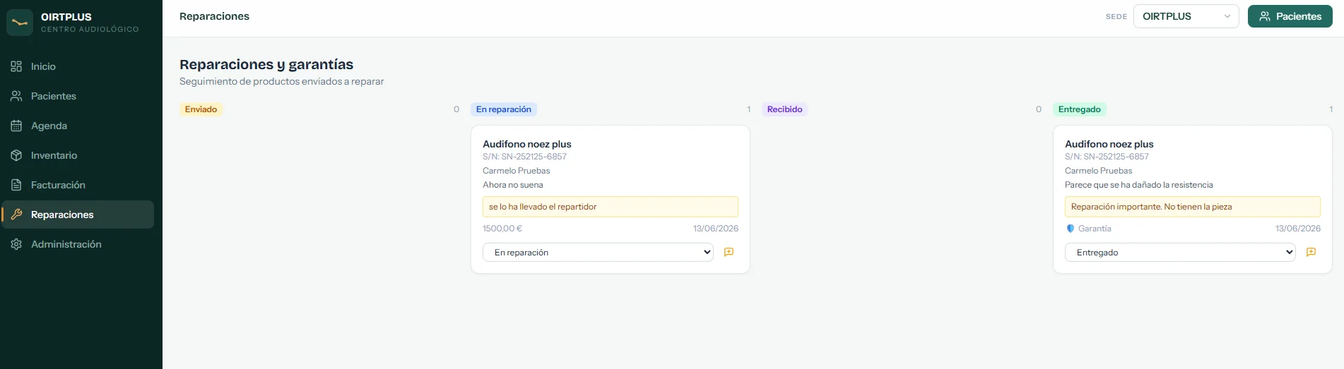 CRM para un centro audiológico — Reparaciones y garantías